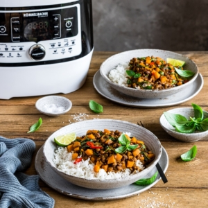 zwei Teller Curry mit Reis vor Multikocher MeinHans 